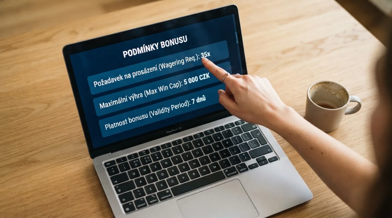 Detail podmínek bonusu bez vkladu na obrazovce — protočení, maximální výhra a platnost zvýrazněné v textu