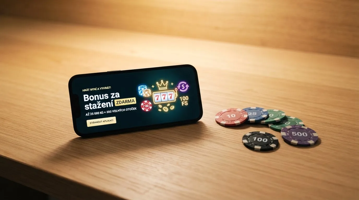 Nabídka bonusu za stažení casino aplikace na displeji mobilního telefonu