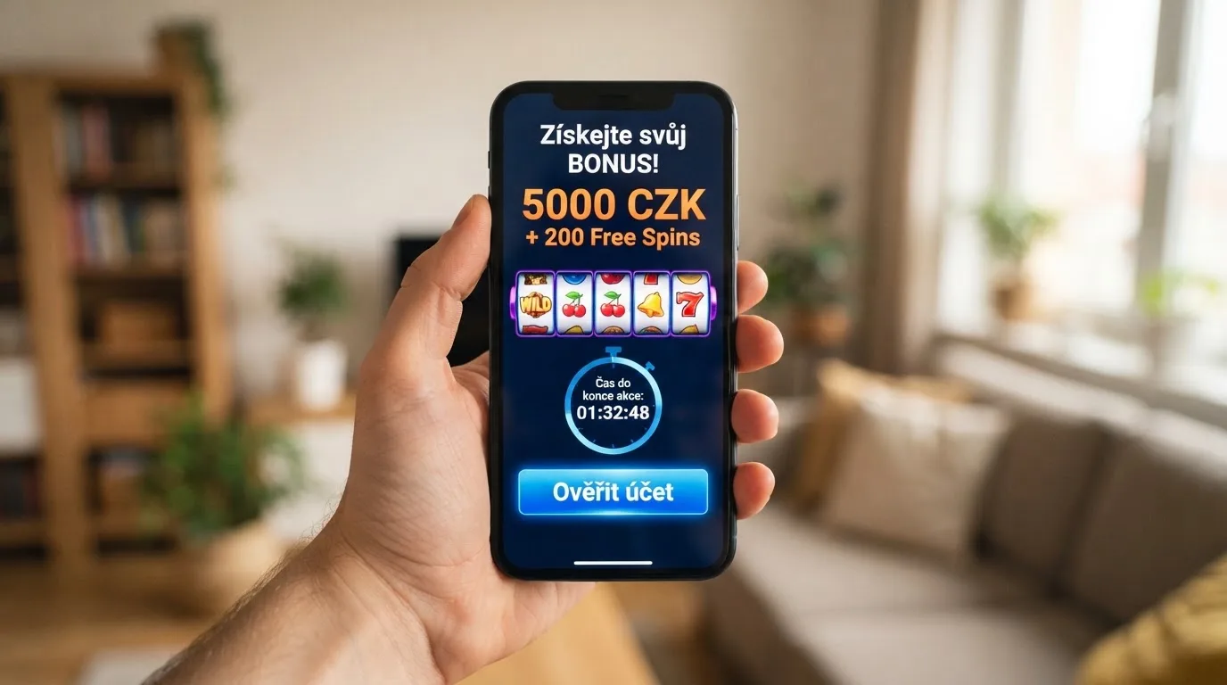 Detailní záběr na mobilní obrazovku s uvítací nabídkou — vedle sebe číslo bonusu, počet volných zatočení, násobek protočení a odpočet platnosti, pod nimi tlačítko „ověřit účet“.