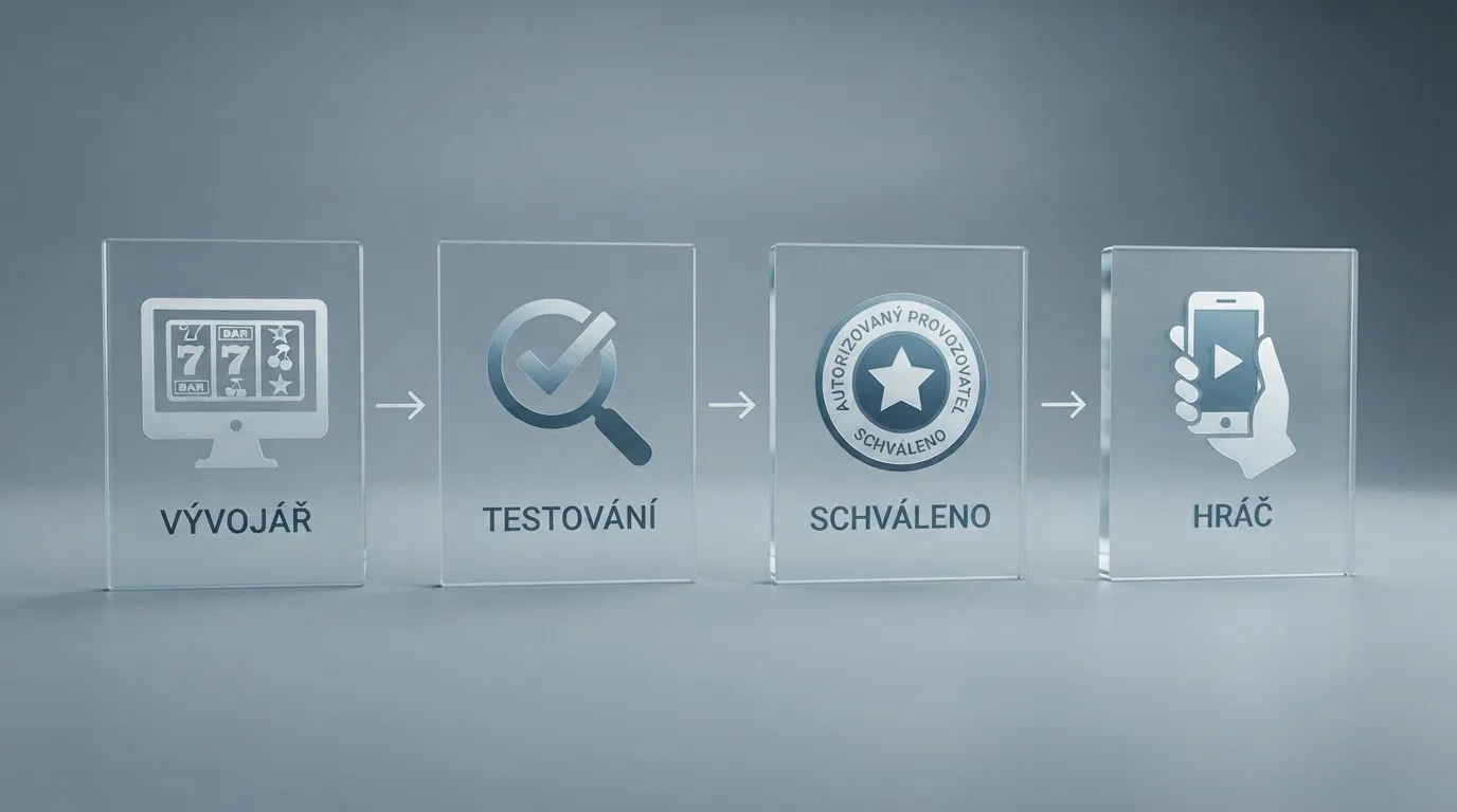 Schéma procesu certifikace — vývojář, testovací laboratoř (GLI, BMM, iTechLabs), licencovaný provozovatel, hráč
