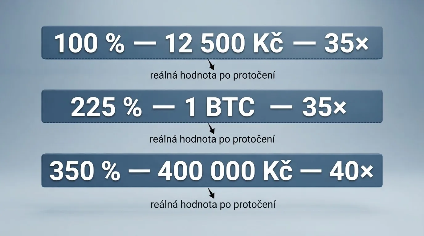 Vizuální srovnání tří bonusových nabídek — procento, maximální částka, protočení a výsledná čistá hodnota po splnění podmínek