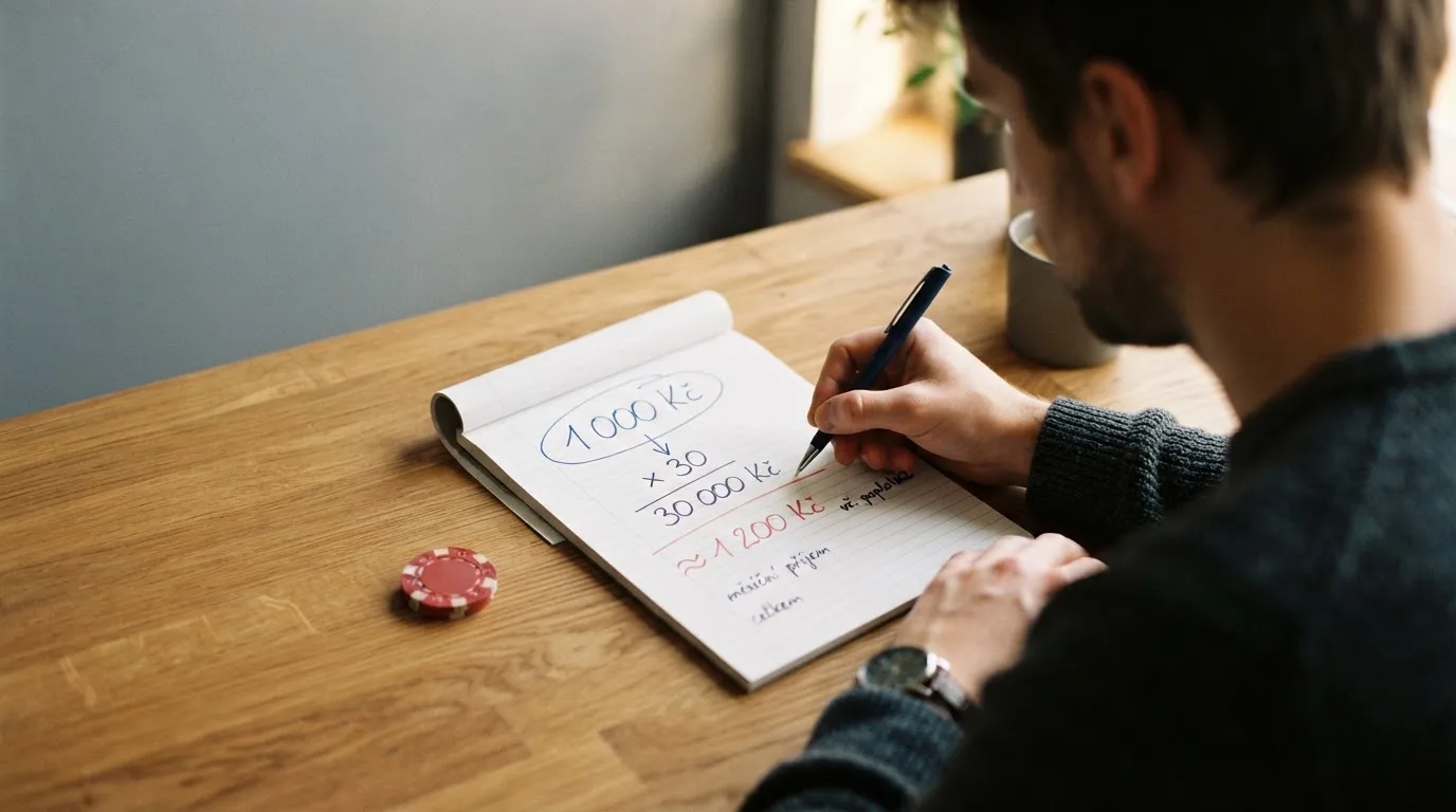 Infografika znázorňující výpočet protočení — 1 000 Kč bonus × 30× wagering = 30 000 Kč obratu, s vyznačenou očekávanou ztrátou při RTP 96 %