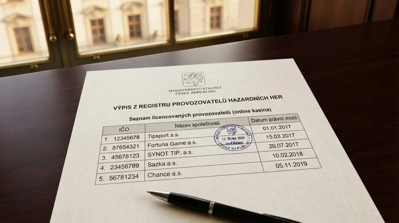 Úřední výpis ze Seznamu provozovatelů hazardních her MF ČR — tabulkový přehled s IČO, názvem společnosti a datem právní moci, na pozadí úřední budova Ministerstva financí