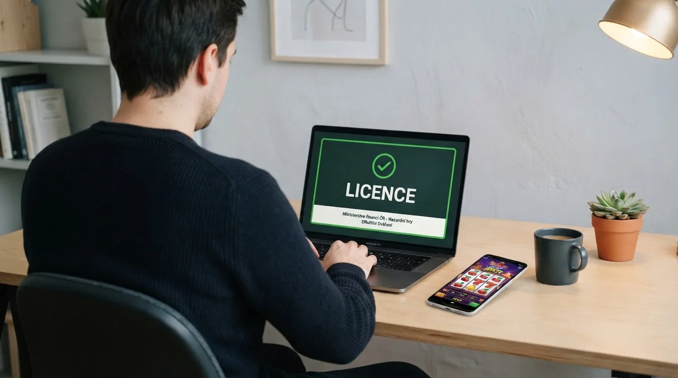 Úřední dokument s razítkem Ministerstva financí ČR vedle herního automatu, symbol licencovaného trhu