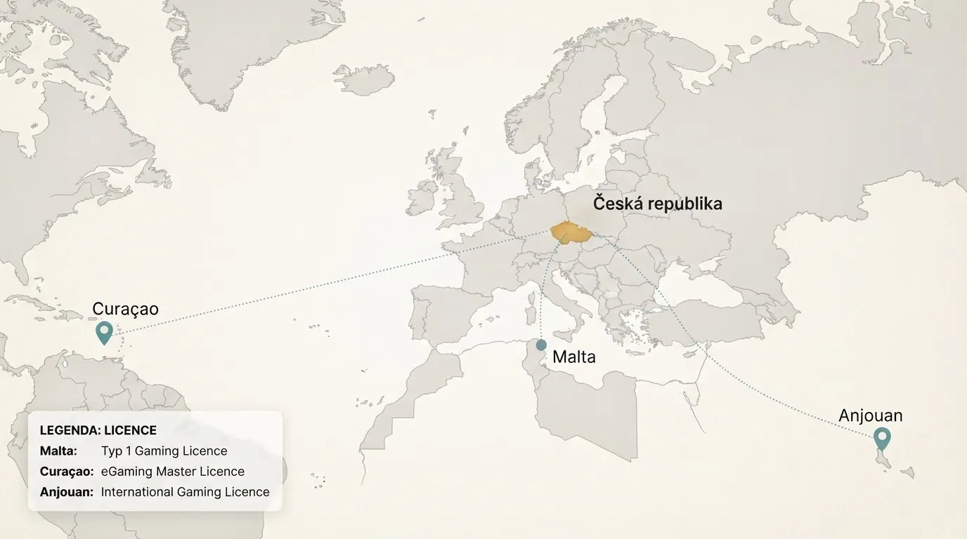 Mapa Evropy s vyznačenými licenčními jurisdikcemi Curaçao, Anjouan a Malta vůči České republice
