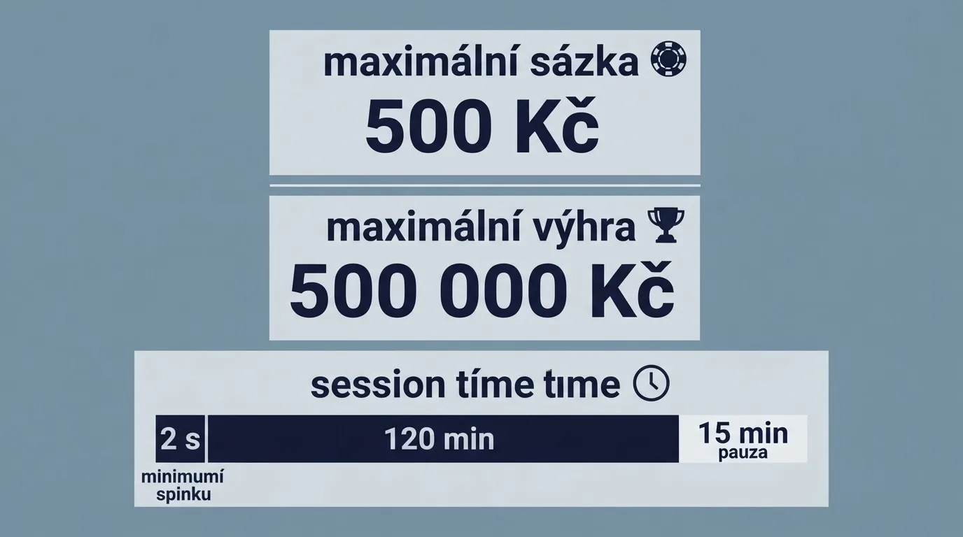 Vizualizace tří klíčových zákonných limitů: 500 Kč max sázka, 500 000 Kč max výhra a časová osa 2 s + 120 min