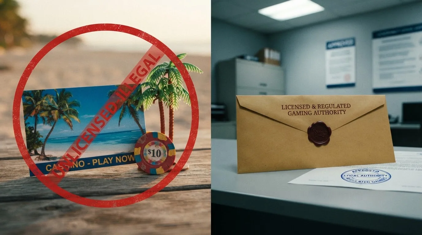 Kontrastní vizuál – logo offshore casina s licencí Curaçao proti symbolu licence MFČR a varovnému označení černé listiny