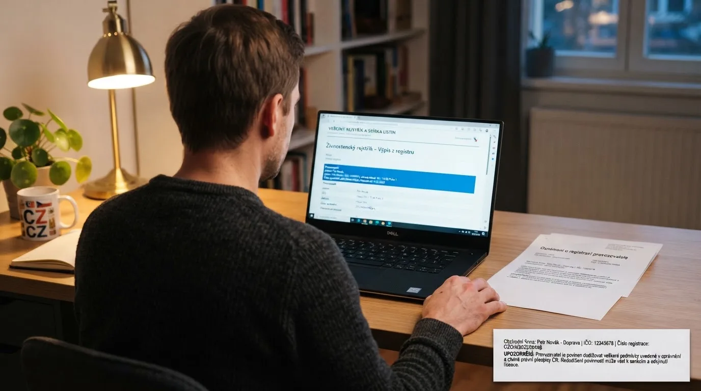 Zvětšený výřez patičky webu s povinnými údaji — obchodní název, IČO, číslo základního povolení MF ČR a varování ministerstva — vedle otevřeného whitelistu MF ČR na obrazovce notebooku.