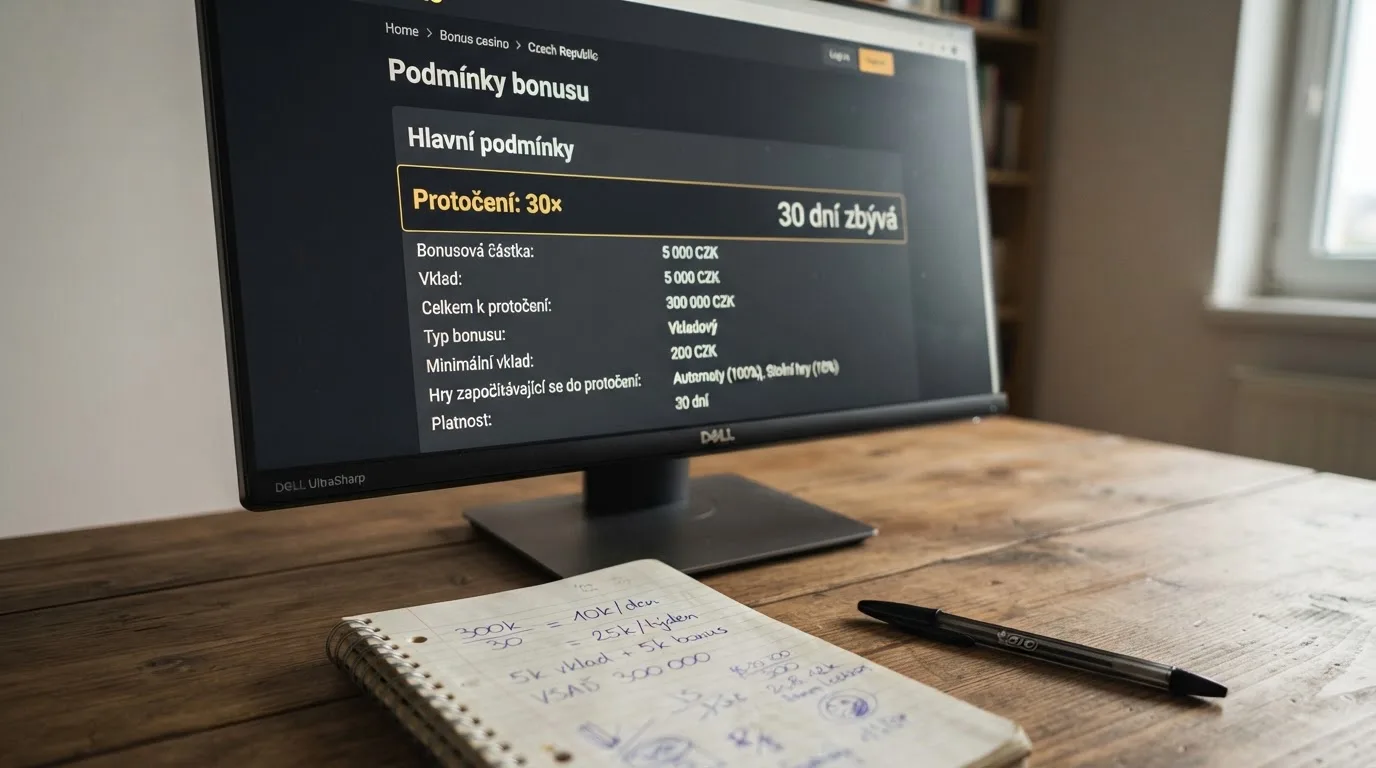 Detailní záběr na obrazovku s podmínkami bonusu — zvýrazněný řádek s požadavkem na protočení (wagering) a lhůtou platnosti, vedle kalkulačka