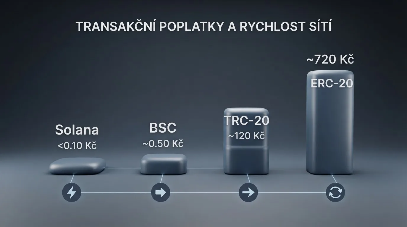 Infografika čtyř sítí (TRC-20, ERC-20, Solana, BSC) s poplatky a rychlostí transakce