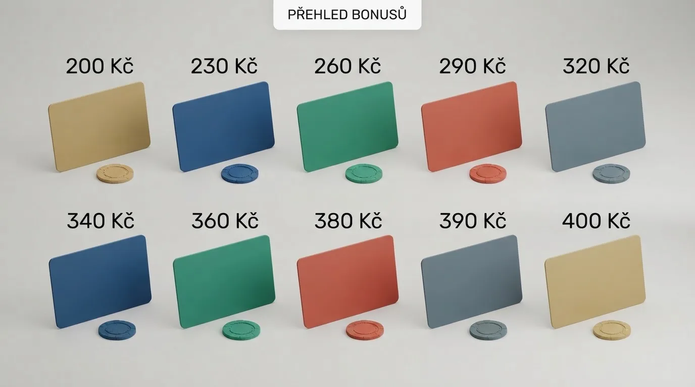 Přehledová vizualizace porovnávaných casin — jejich loga nebo ilustrativní karty s hlavními parametry bonusu