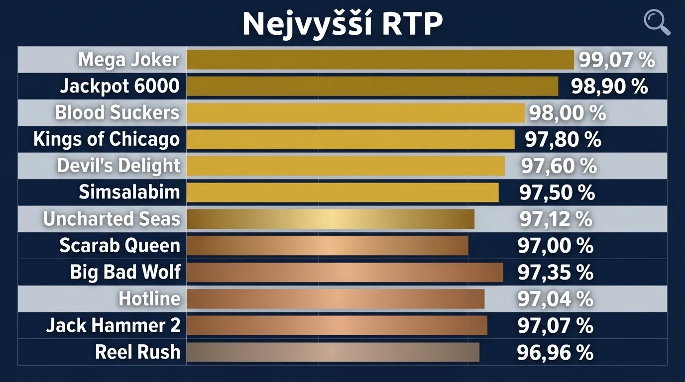 Srovnávací tabulka automatů seřazených podle RTP, sloupce s názvem hry, poskytovatelem a procentem návratnosti