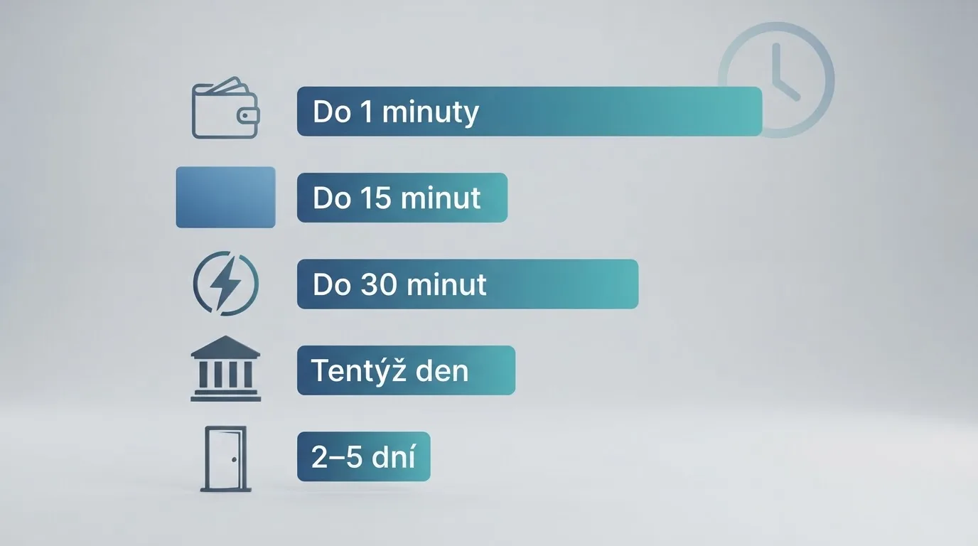 Pět platebních metod seřazených podle rychlosti výplaty — od e-peněženek po bankovní převod — s typickými časy a limity