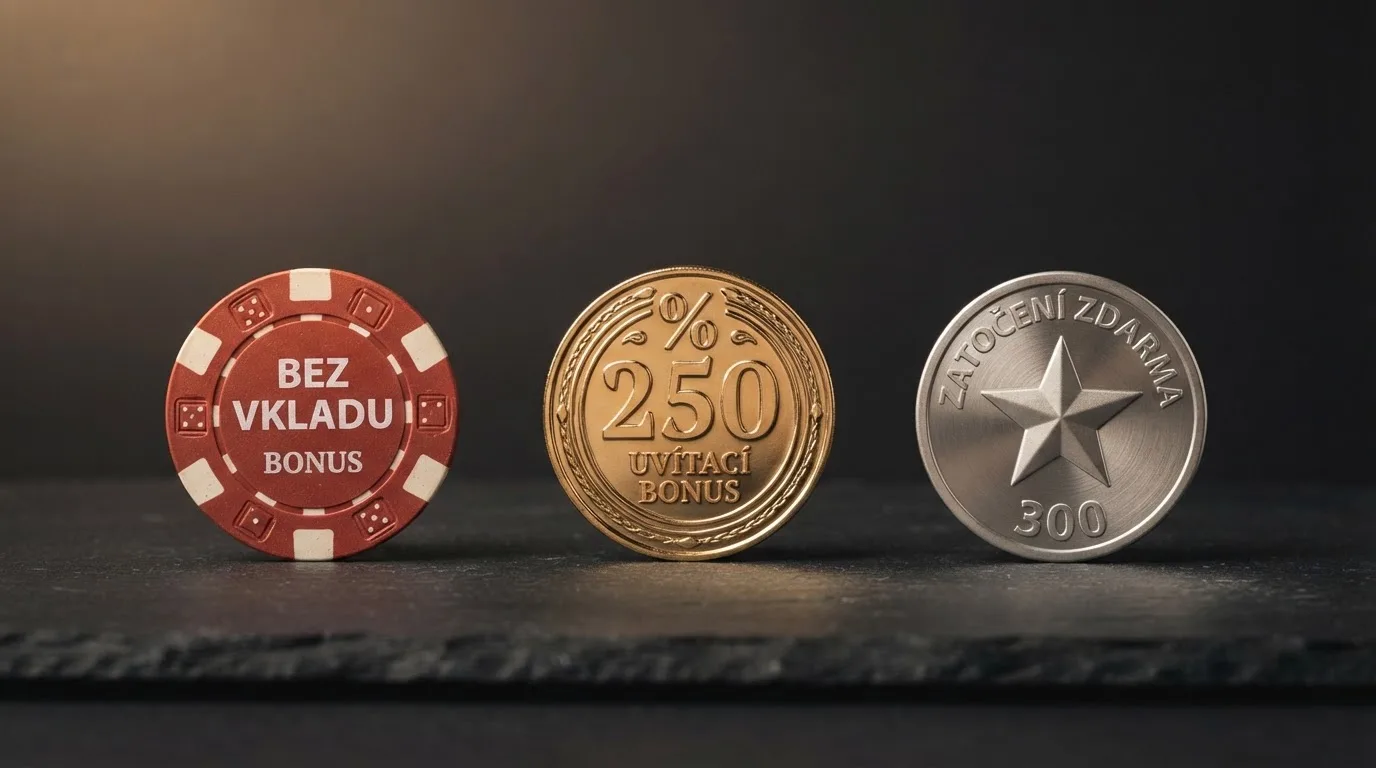 Tři typy uvítacích bonusů — no-deposit, deposit match a free spiny — s klíčovými parametry